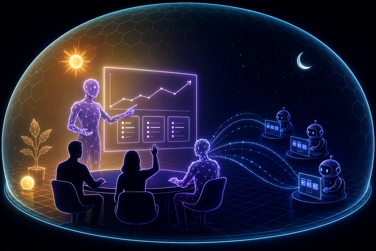 By day an AI teammate presents to the team; by night it orchestrates robot agents — one cycle inside a protected boundary